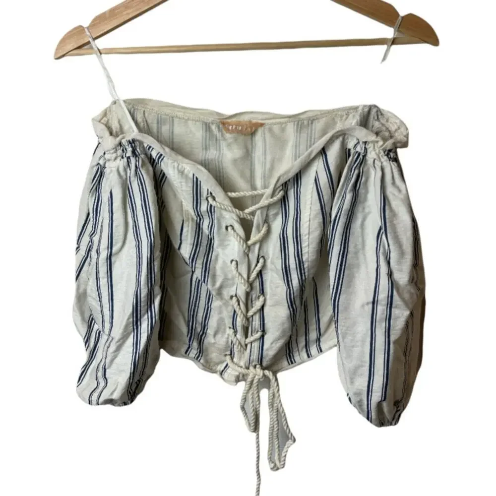 Ecru Lab Off White Blue Stripe Balloon Sleeves Crop Rope Tie Front Shirt Top M - Picture 1 of 7